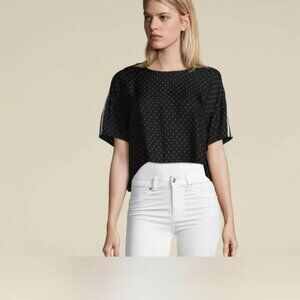 The Kooples Sport Striped Micro Floral Print Cropped Silk Blend Top